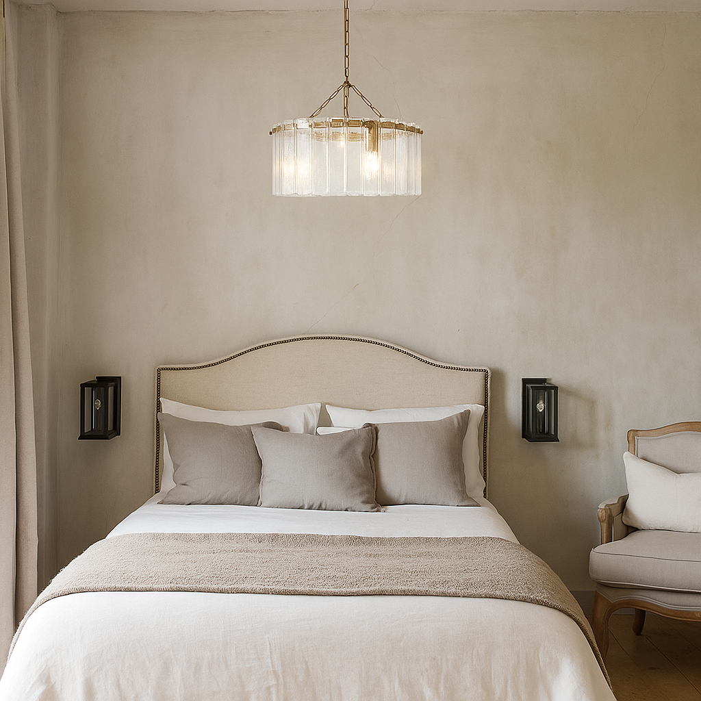 Three light textured glass pendant with gilt metal frame and chain fitting in a bedroom.