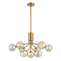 Tinted glass nine globe chandelier with brushed brass arms and adjustable rod