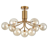 Tinted glass nine globe chandelier with brushed brass arms and adjustable rod