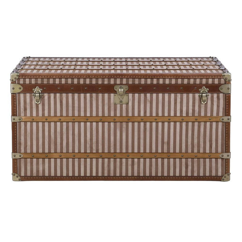 A vintage-style trunk chest with a pink and white striped pattern, brown leather trim, brass corner protectors, and metal latches, shown against a plain white background.