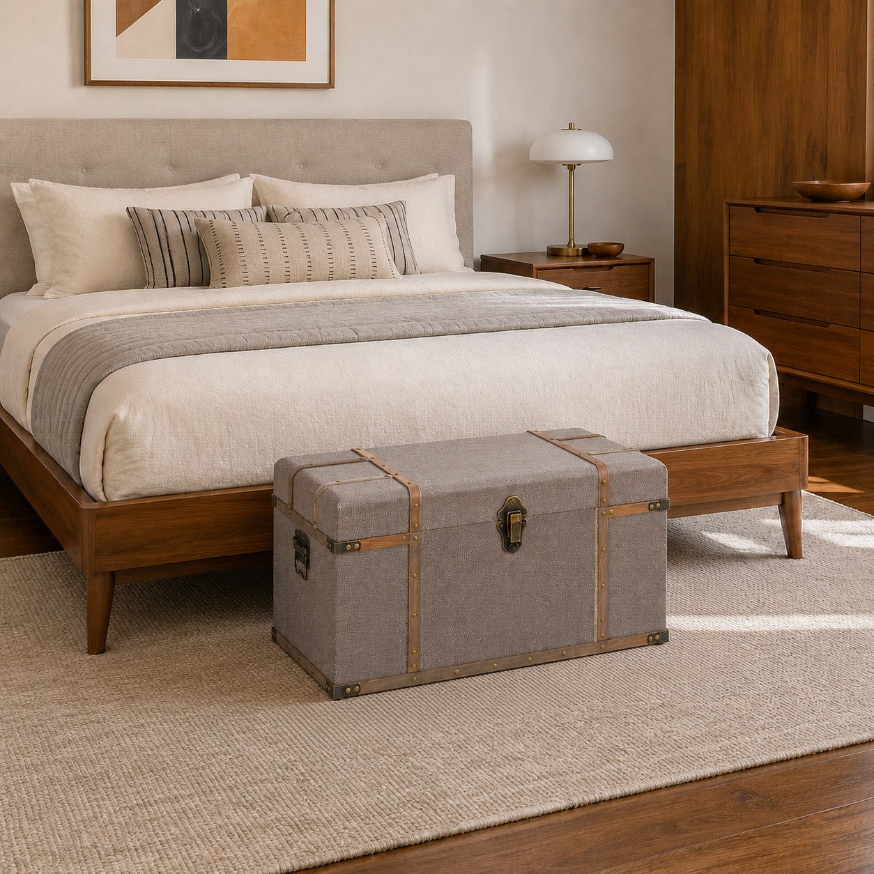 A gray upholstered storage trunk with brass hardware sits at the foot of a wooden bed in a styled bedroom setting.