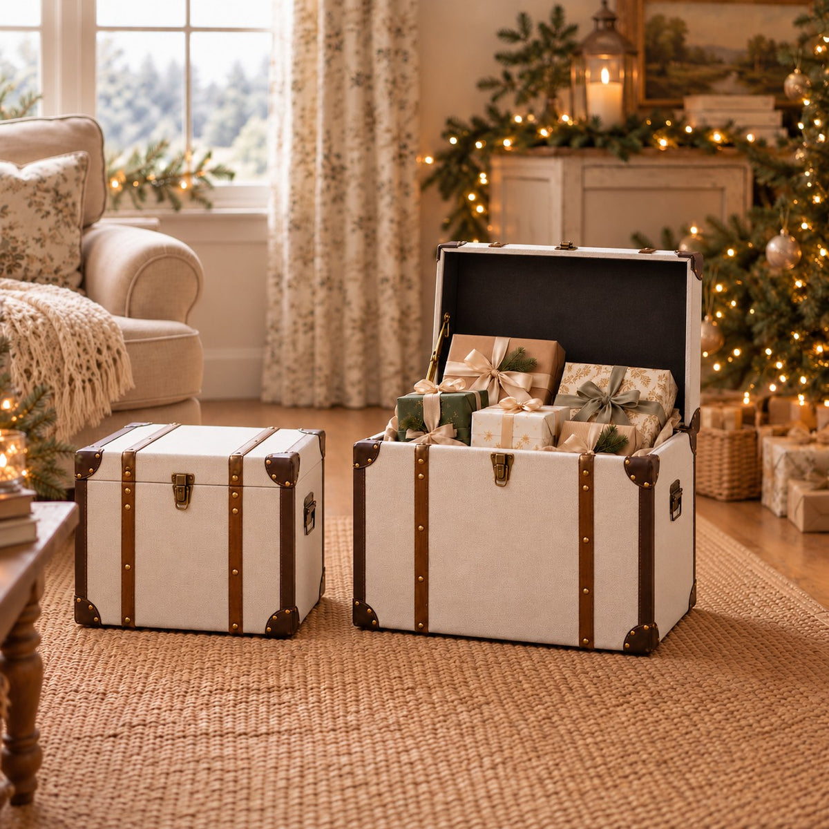 Pair of trunks in a festive sitting room, one brimming with gifts.