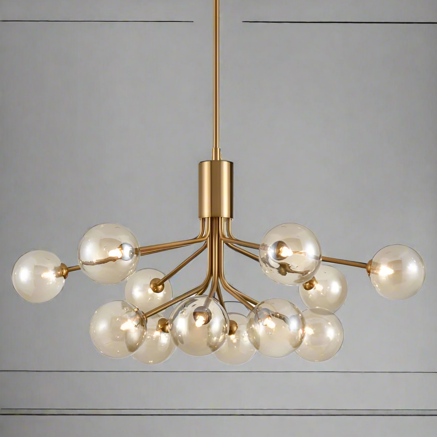 A 12 globe light on a brushed brass frame, large statement light spreading a warm glow over your room. Stunning in a living room, hall and a perfect dining room light. A stylish contemporary addition to your home. 