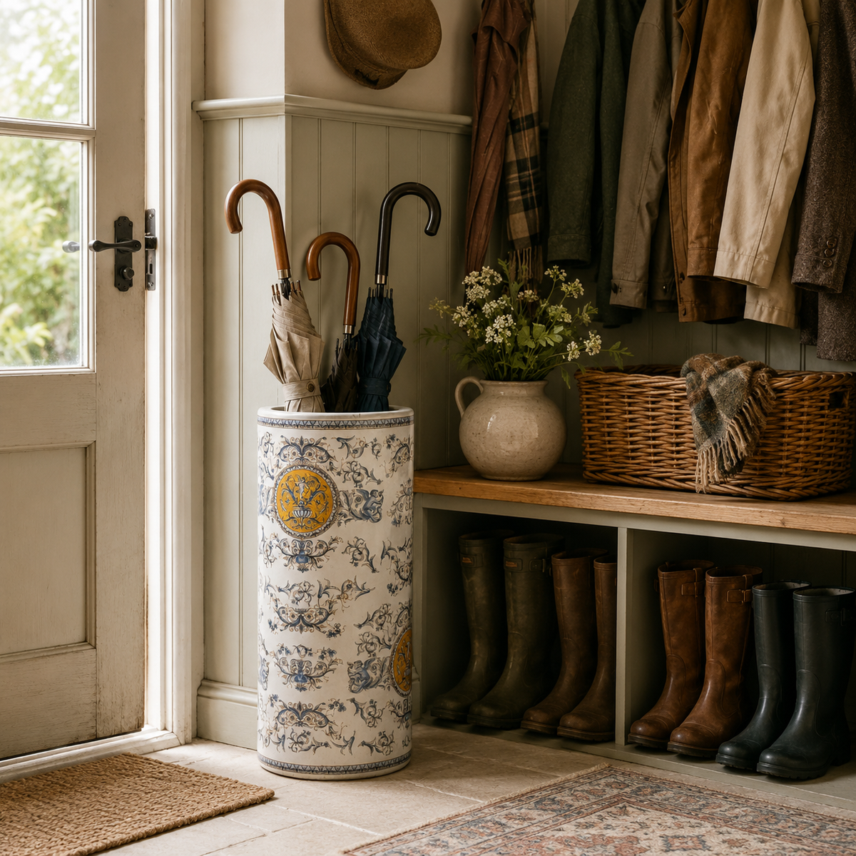 Beautifully designed heraldic umbrella stand in ceramic, sitting in a country house boot room. 