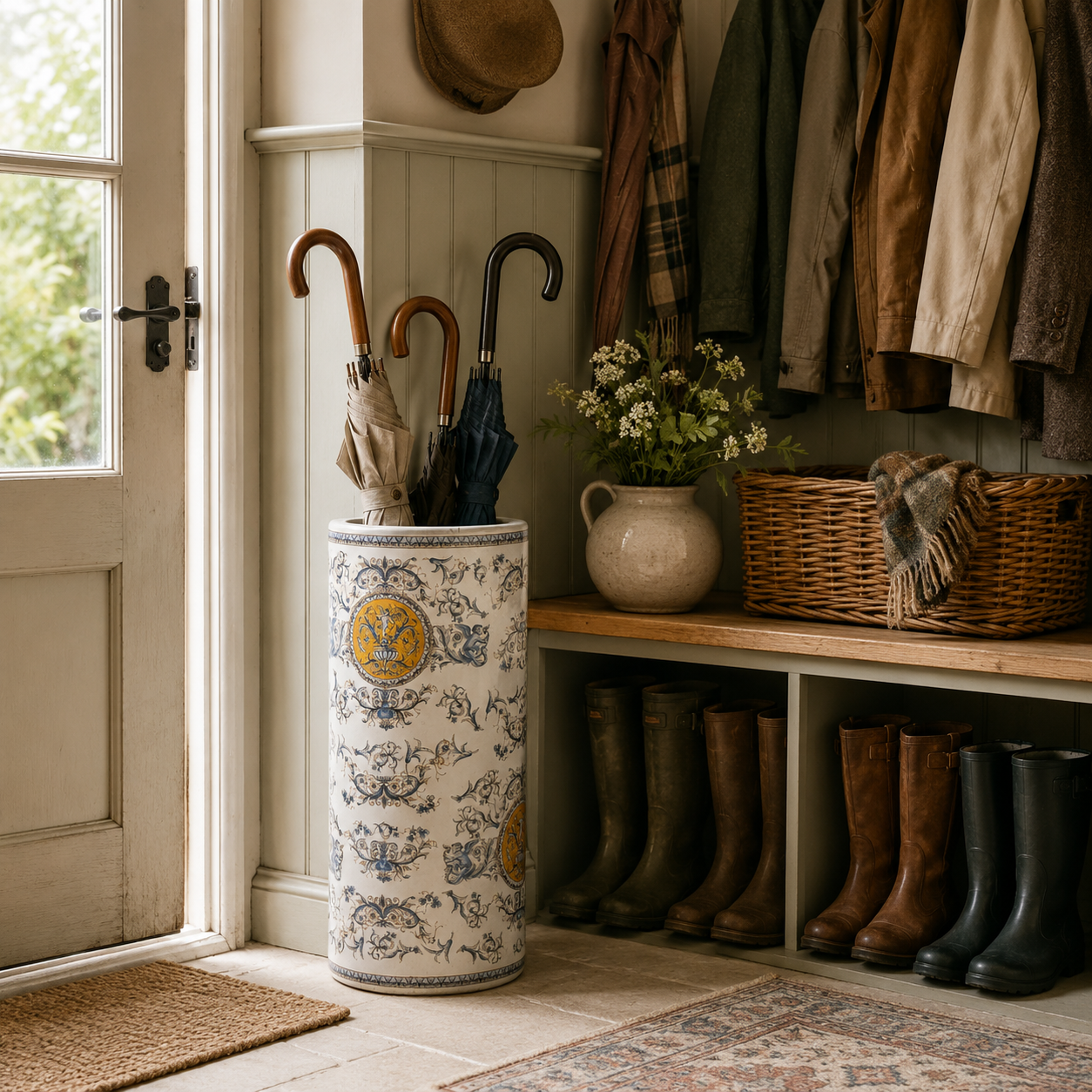 Beautifully designed heraldic umbrella stand in ceramic, sitting in a country house boot room. 