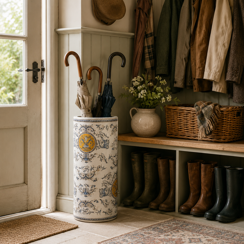 Beautifully designed heraldic umbrella stand in ceramic, sitting in a country house boot room. 