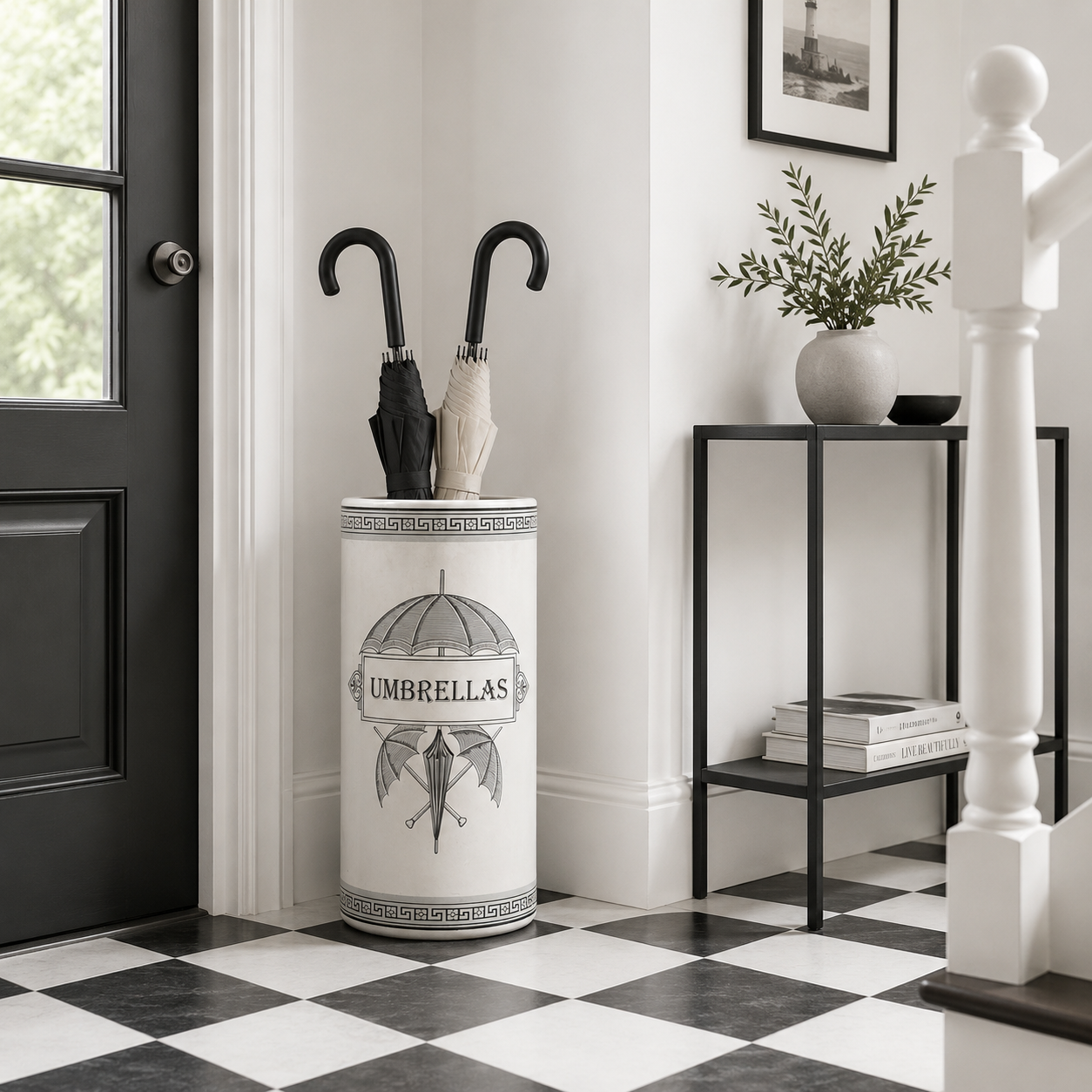 Umbrella stand in a minimalist bright hall with console able and stairs. 