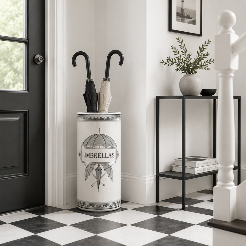 Umbrella stand in a minimalist bright hall with console able and stairs. 