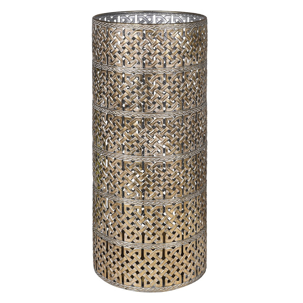 Tall lattice brass coloured umbrella stand, a really chic item for your hallway. Pierced metal gilt coloured stand, suitable for any hall to add a touch of grandeur.

H: 55 cm D: 23 cm