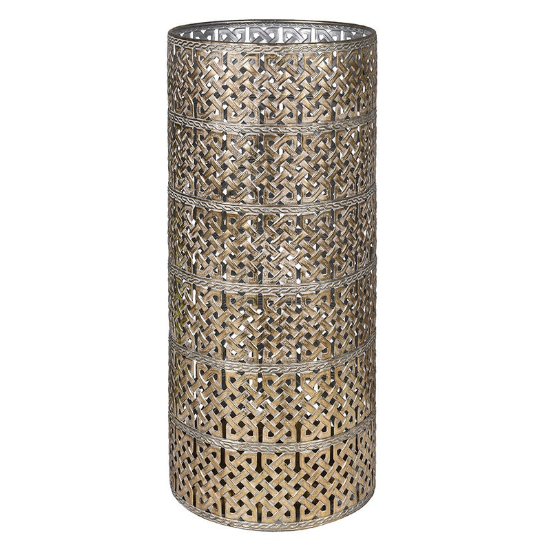 Tall lattice brass coloured umbrella stand, a really chic item for your hallway. Pierced metal gilt coloured stand, suitable for any hall to add a touch of grandeur.

H: 55 cm D: 23 cm
