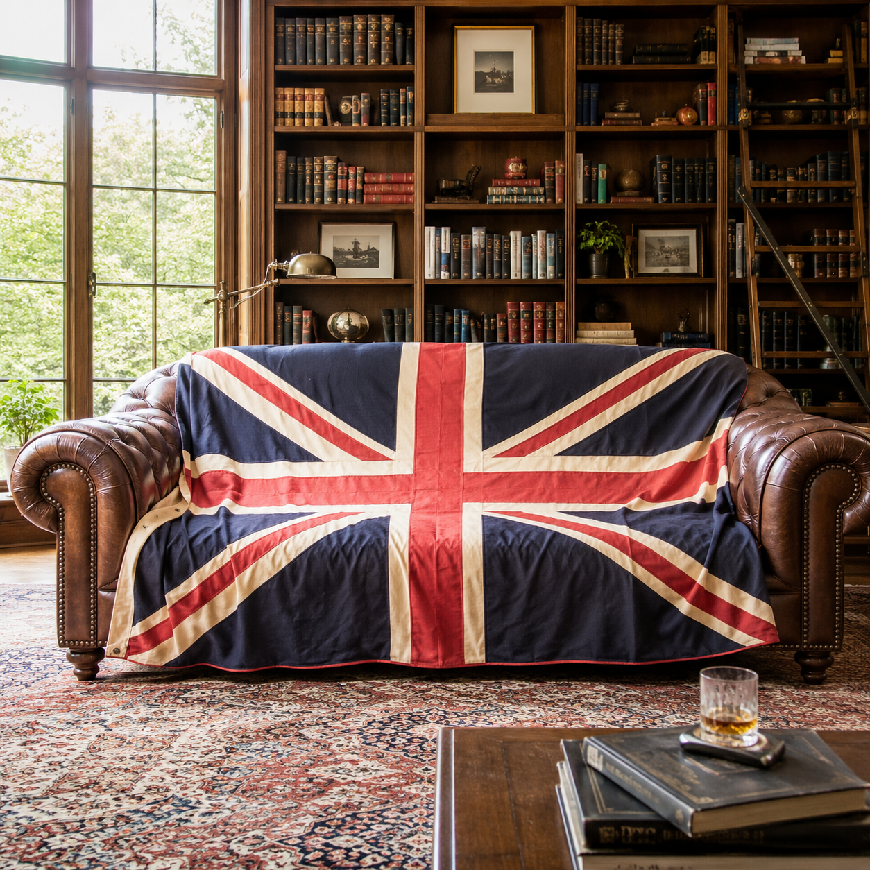 Large vintage-style Union Jack textile wall hanging in muted navy, red and cream, displayed horizontally above a dark blue velvet Chesterfield sofa.