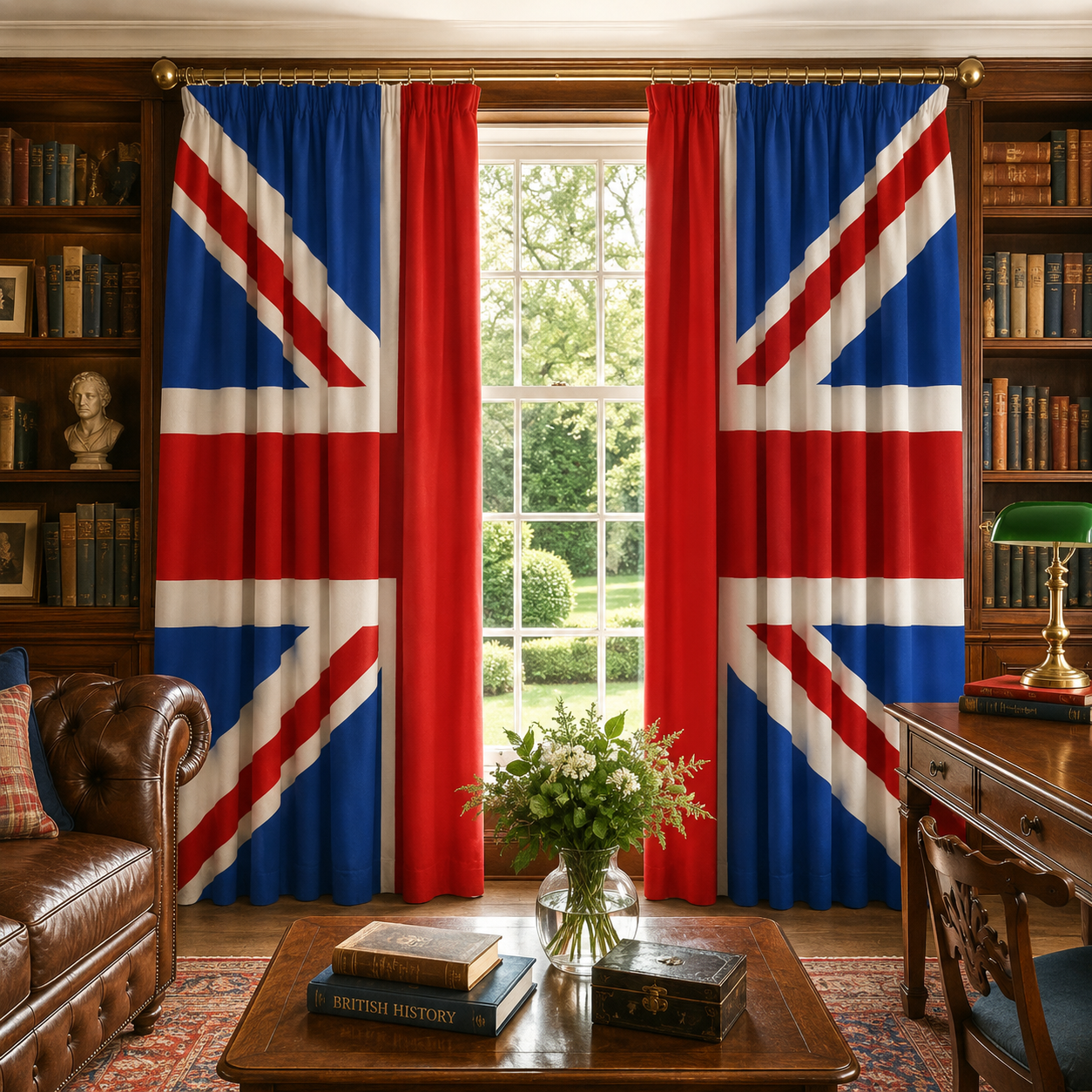 A pair of long window curtains featuring the Union Jack flag design, hanging in a classic, cozy library room with wooden bookshelves, a leather armchair, and a wooden coffee table.
