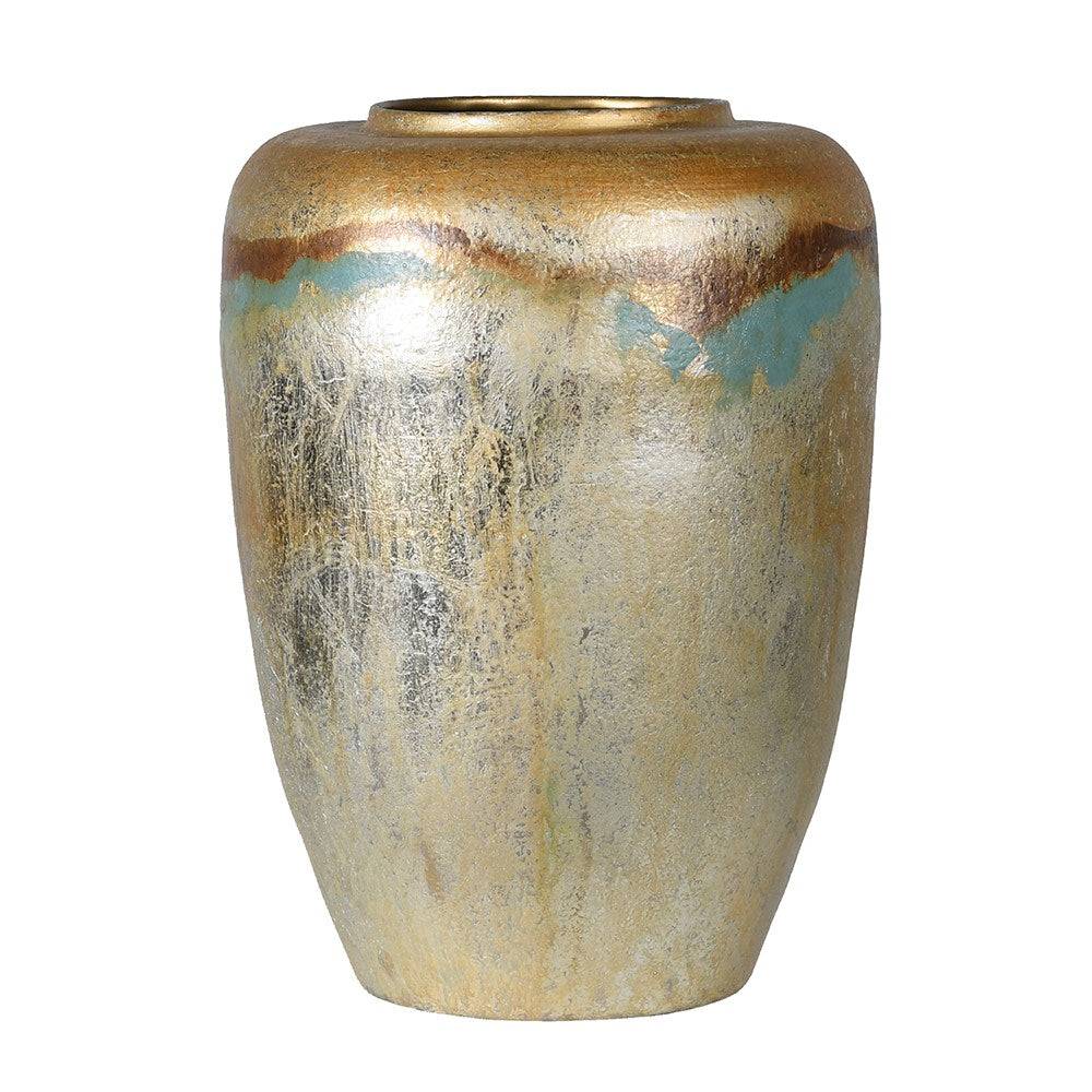 Decorative vase with a textured surface and earthy tones