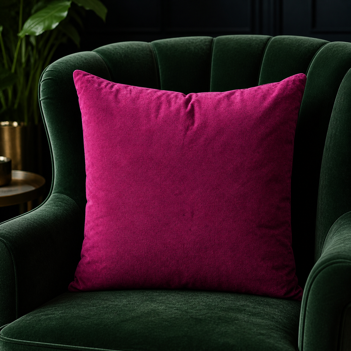 Green armchair with a pink pillow in a darkly lit room