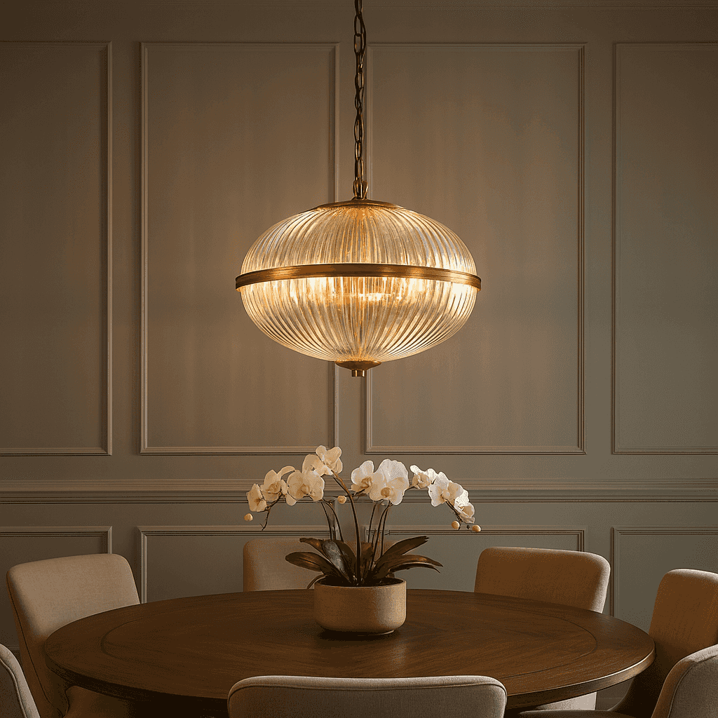 Vintage ribbed glass globe ceiling light with brushed brass finish hanging over a dining table
