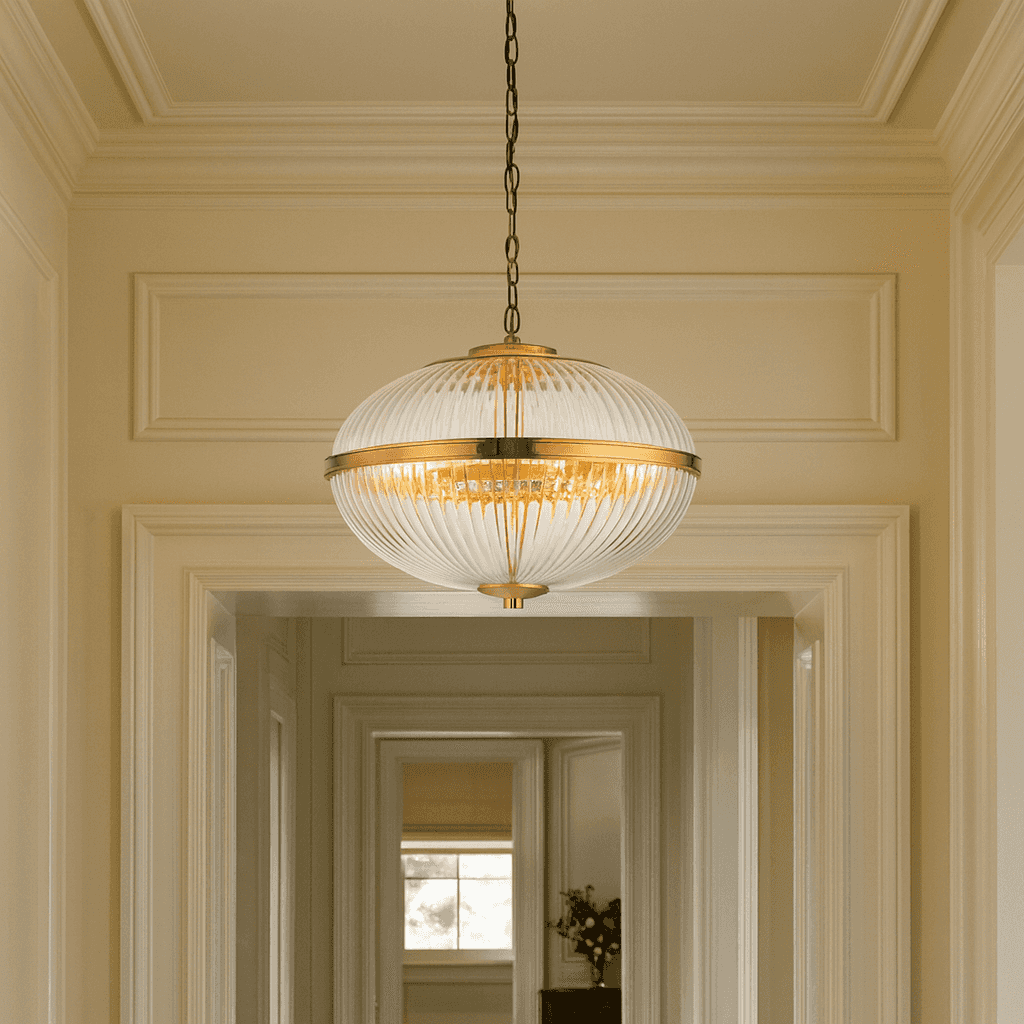 This elegant globe pendant light features a ribbed glass shade with a warm brass finish, blending vintage charm with modern appeal. I