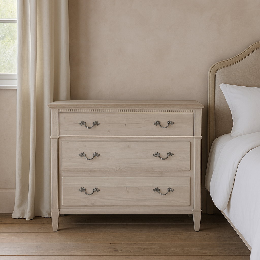 pale wooden chest of drawers, vintage glamour for your living room or bedroom,