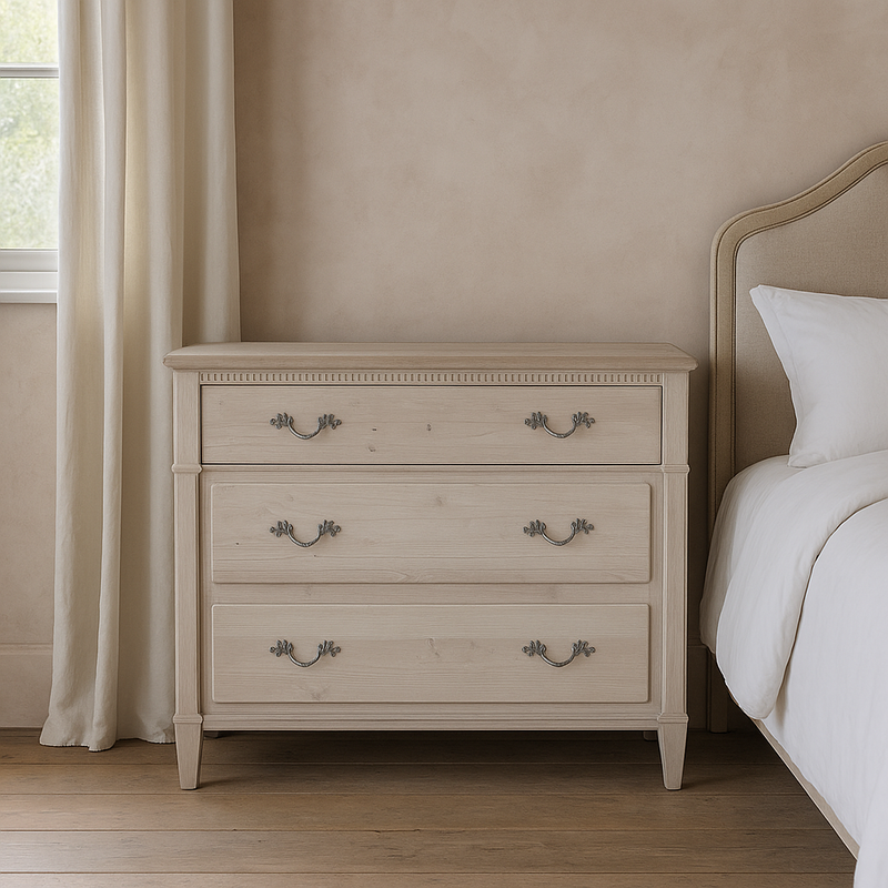 pale wooden chest of drawers, vintage glamour for your living room or bedroom,