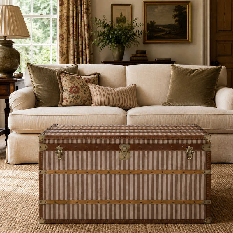 Vintage striped steamer trunk storage chest as a coffee table in a living room setting