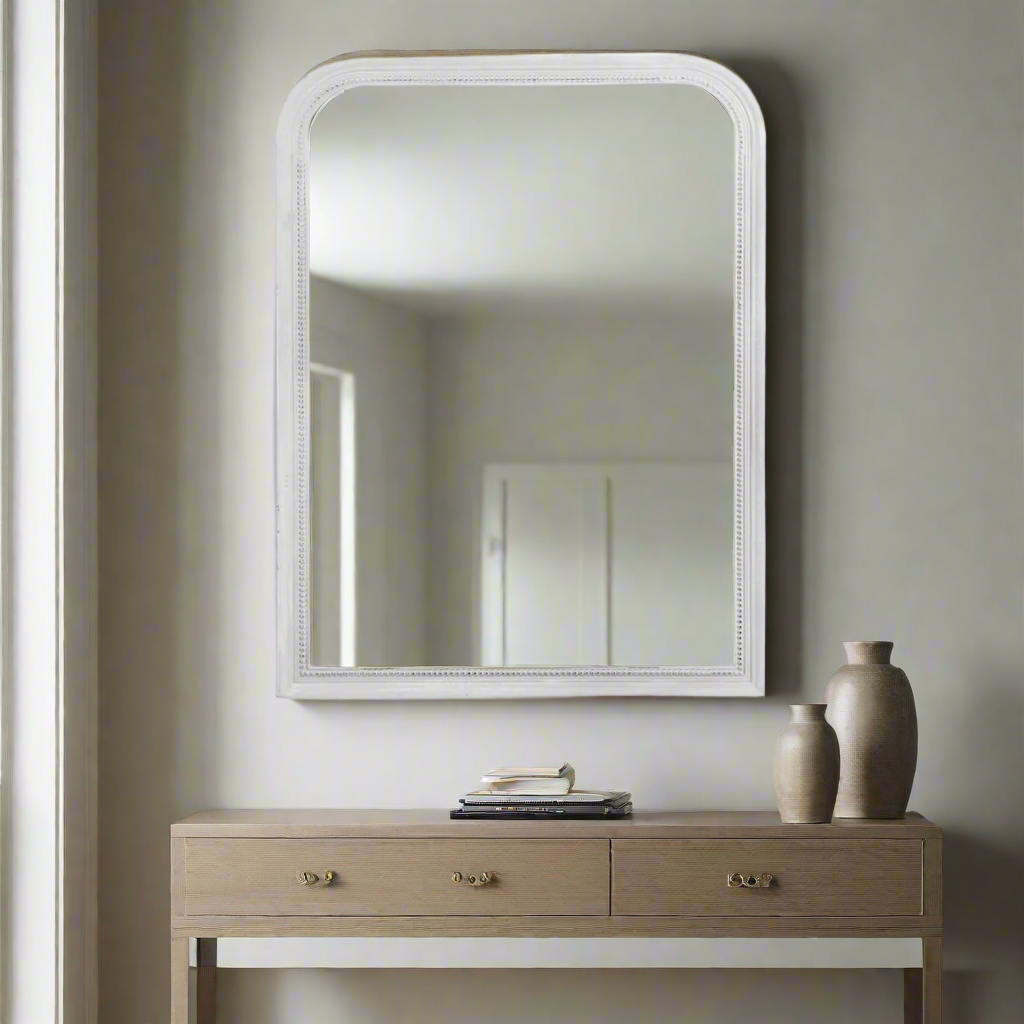 White mirror over a mid-century style console against a neutral background