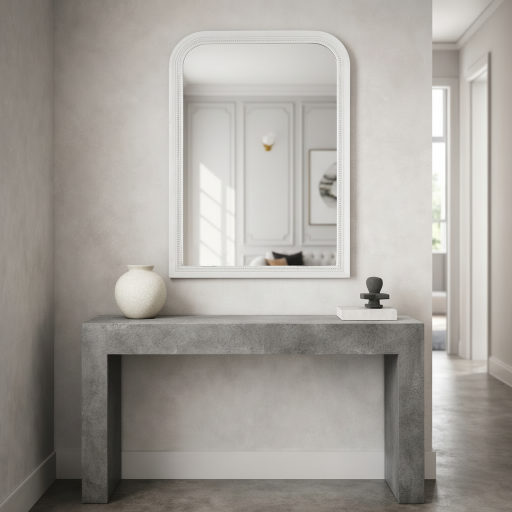 Concrete console table with the vintage white mirror and decorative items in a modern interior setting.