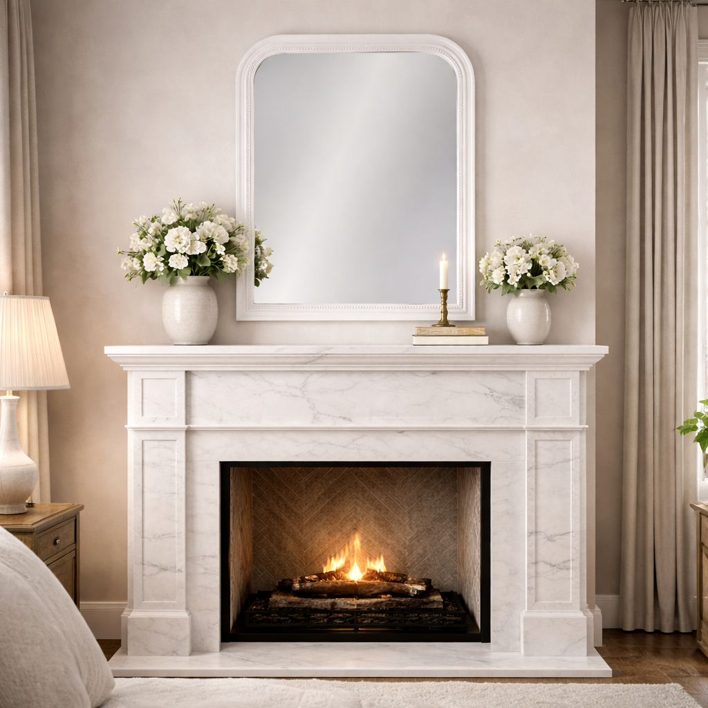 Mirror over a fireplace in a bedroom, with neutral coloured walls and textiles.