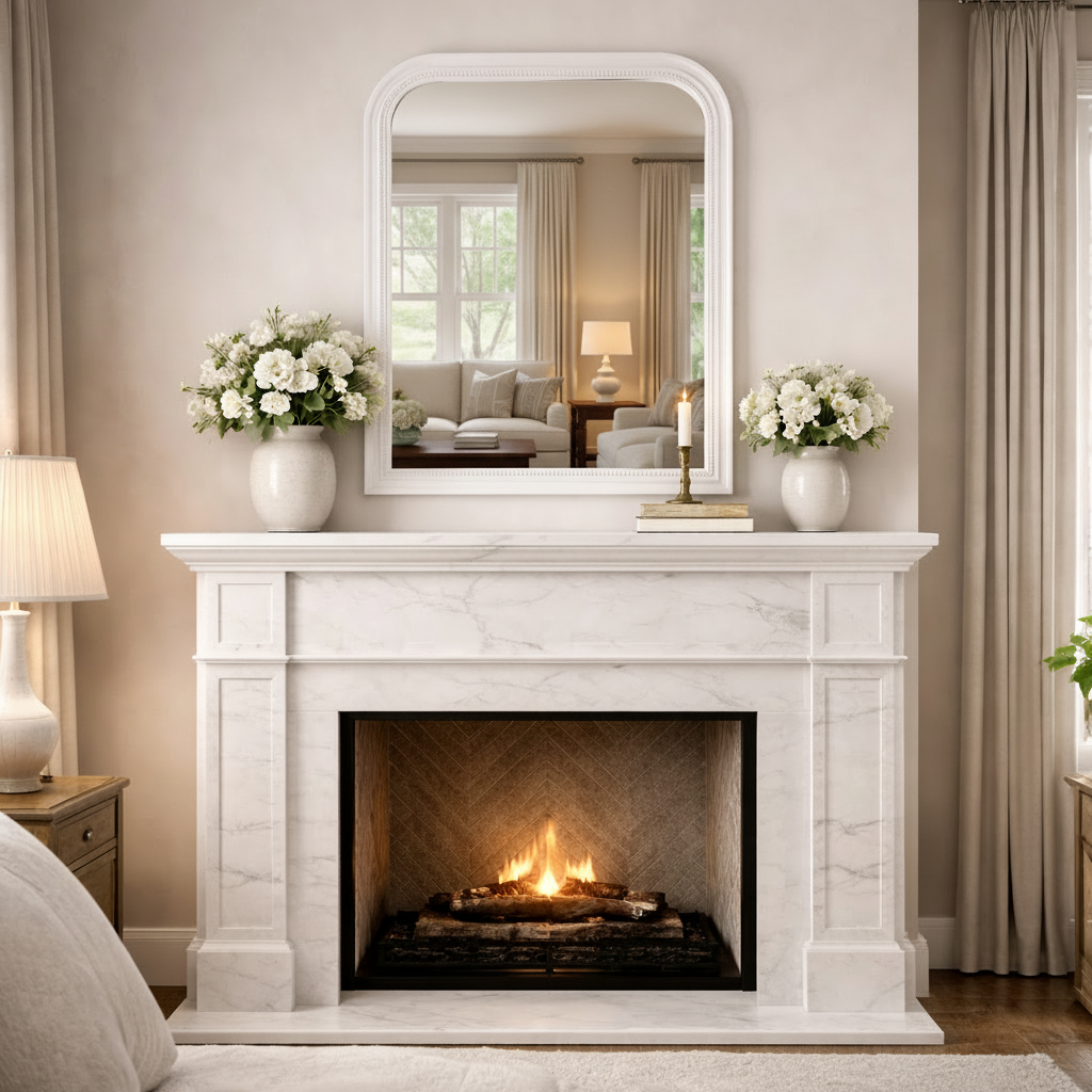 Vintage white beaded overmantle mirror
 over a fireplace in a bedroom, with neutral coloured walls and textiles.