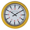 Bright yellow 'English Electric' metal kitchen clock, this clock has a particularly deep frame so projects from the wall 12 cm, which just adds to the retro and vintage feel. 