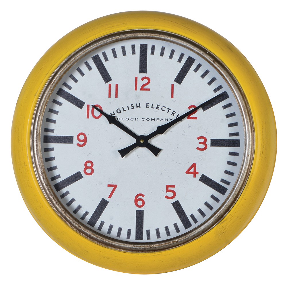 Bright yellow 'English Electric' metal kitchen clock, this clock has a particularly deep frame so projects from the wall 12 cm, which just adds to the retro and vintage feel. 