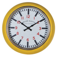 Bright yellow 'English Electric' metal kitchen clock, this clock has a particularly deep frame so projects from the wall 12 cm, which just adds to the retro and vintage feel. 