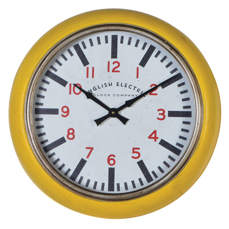 Bright yellow 'English Electric' metal kitchen clock, this clock has a particularly deep frame so projects from the wall 12 cm, which just adds to the retro and vintage feel. 