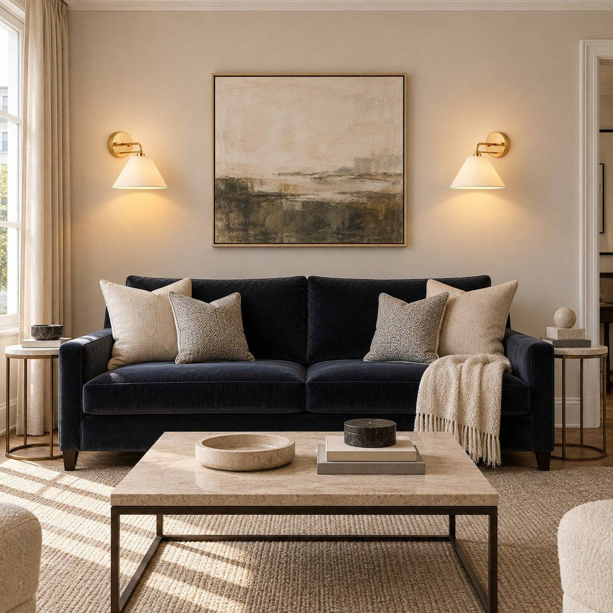 Pair of lit gilt wall lights with natural linen shades positioned either side of a dark velvet sofa in a contemporary living room.