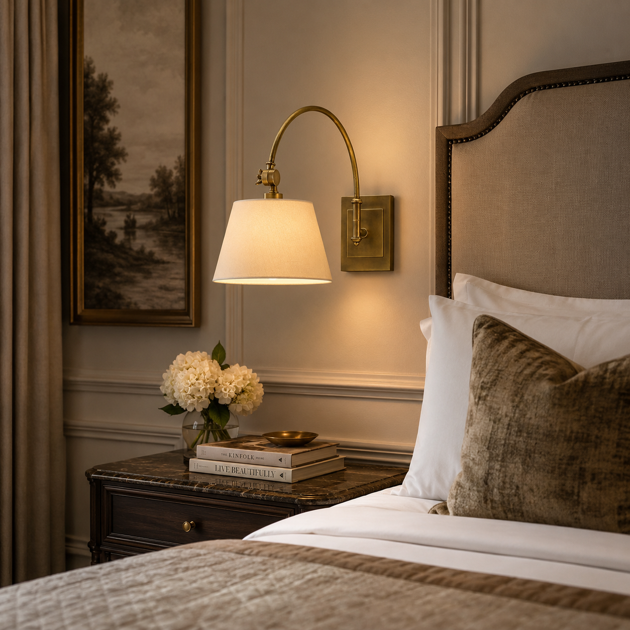 Adjustable wall light bedside a boutique style hotel bed, in a luxurious bedroom.