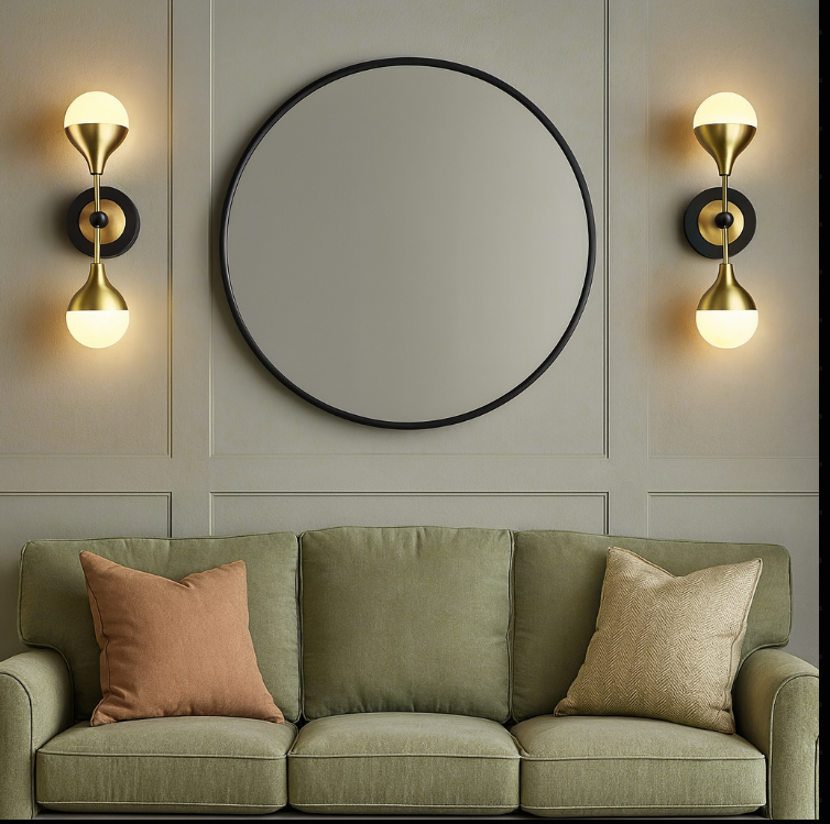 Green sofa with decorative pillows in a room with wall lights and a round mirror.
