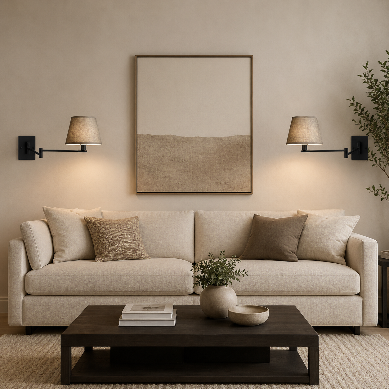 Swing arm black wall lights extended over a modern linen sofa in a contemporary living room