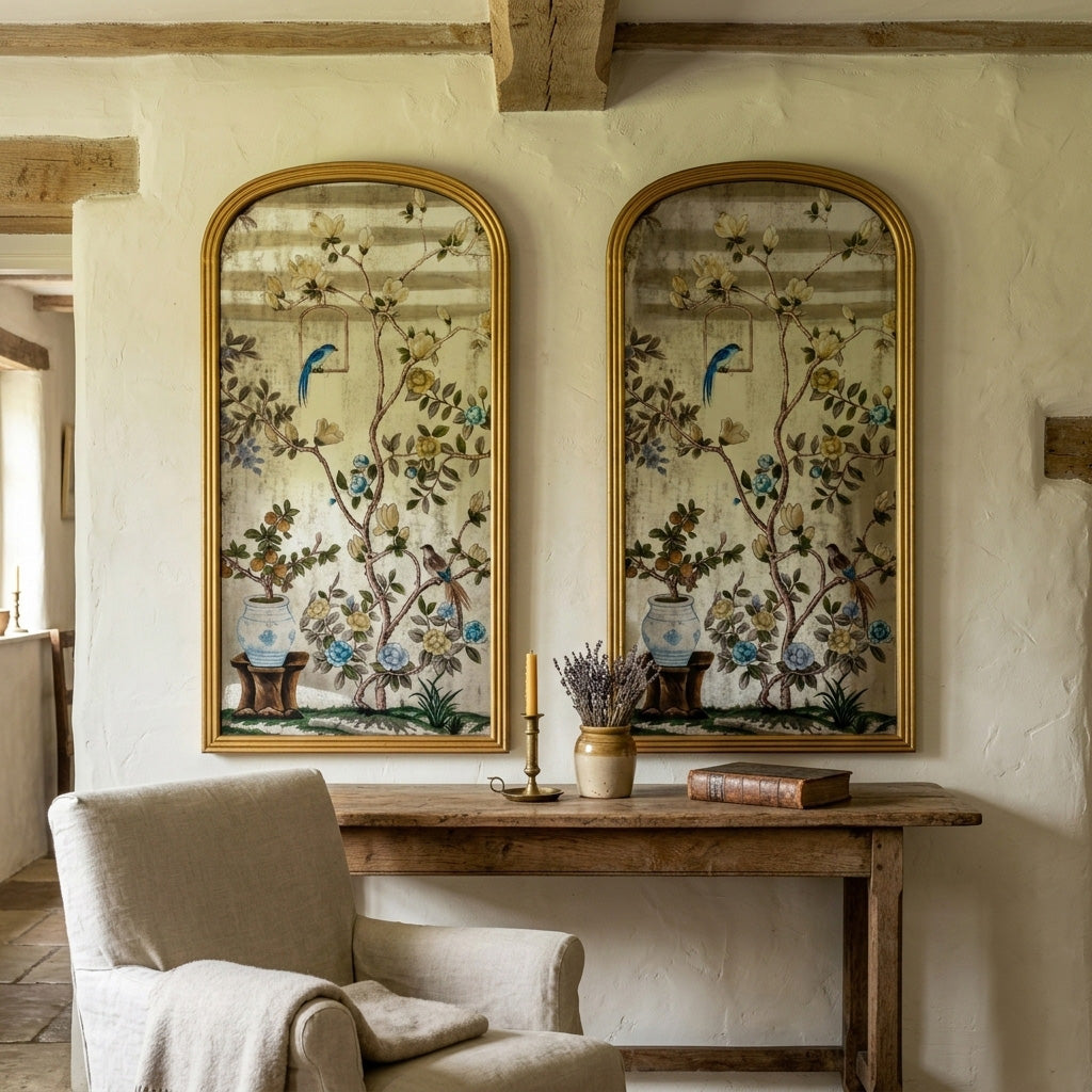 A pair of decorative arched mirrors with Victorian bird and floral detail, above a hallway console table in a country house hallway