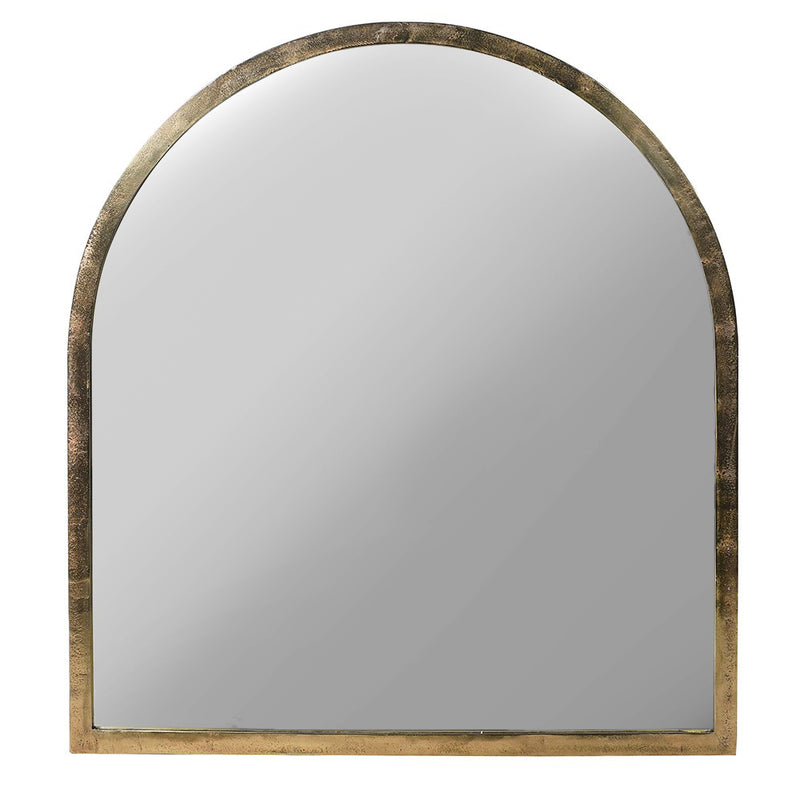 Antique brass metal, arched mirror. A great overmantle shape, perfect for a period home with it's antiqued metal frame.&nbsp; Would also work in an industrial setting over a cast iron fireplace.&nbsp; The distressed brass frame on this mirror adds to its vintage quality.

H: 101 cm W: 92 cm