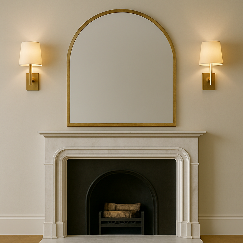 Antique brass metal, arched mirror. A great overmantle shape, perfect for a period home with it's antiqued metal frame.&nbsp; Would also work in an industrial setting over a cast iron fireplace.The distressed brass frame on this mirror adds to its vintage quality.
