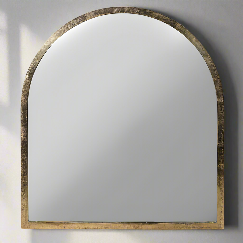Antique brass metal, arched mirror. A great overmantle shape, perfect for a period home with it's antiqued metal frame. Would also work in an industrial setting over a cast iron firepalce.