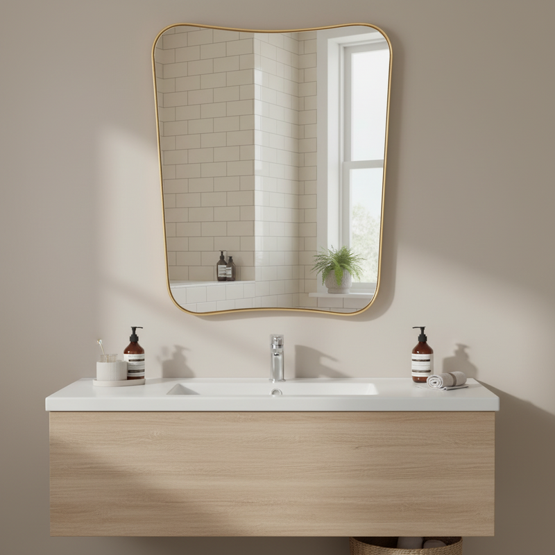 Gilt mirror with curved frame,&nbsp; simple mirror with the added extra of the swept curved frame. Great bathroom or hall mirror.