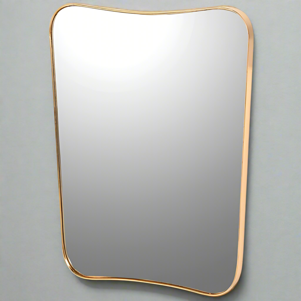 Gilt mirror with curved frame, simple mirror with the added extra of the swept curved frame. Great bathroom or hall mirror.