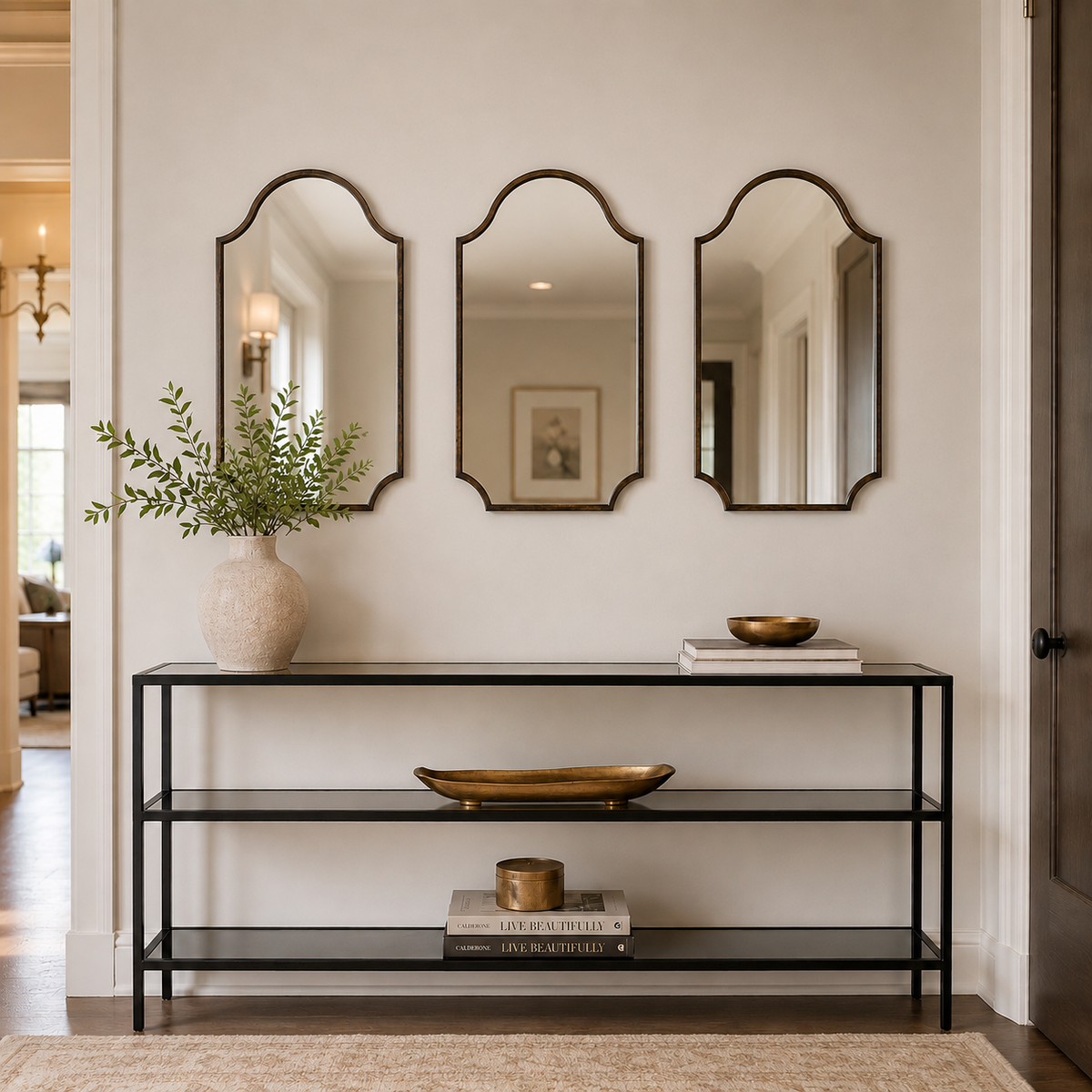 Three small bronze wall mirrors over a metal console in a contemporary hallway