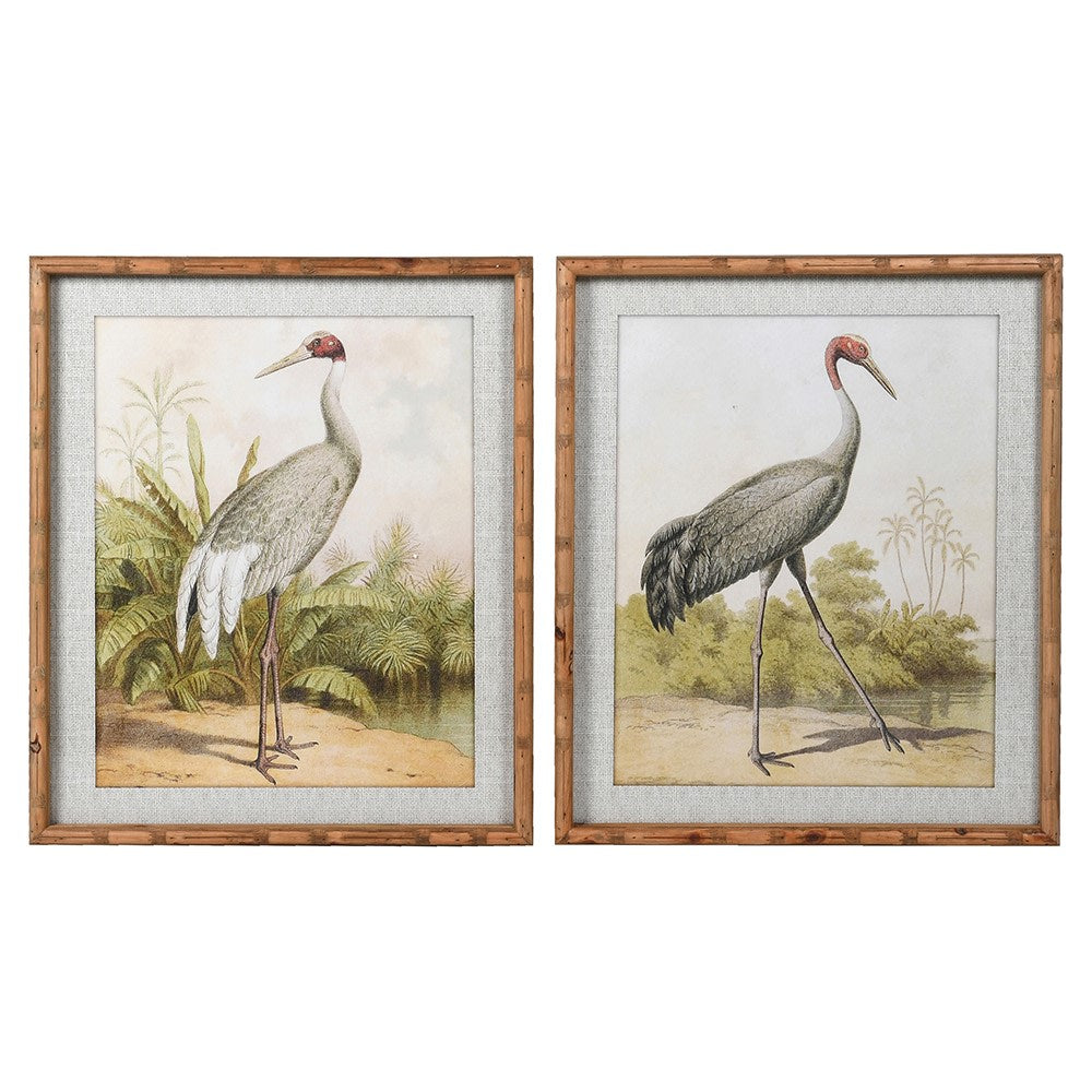 Pair of medium sized stork prints in a wooden faux bamboo frames. A pair of large prints always has a great impact on any wall. These would work in any interior.