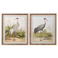 Pair of medium sized stork prints in a wooden faux bamboo frames. A pair of large prints always has a great impact on any wall. These would work in any interior.