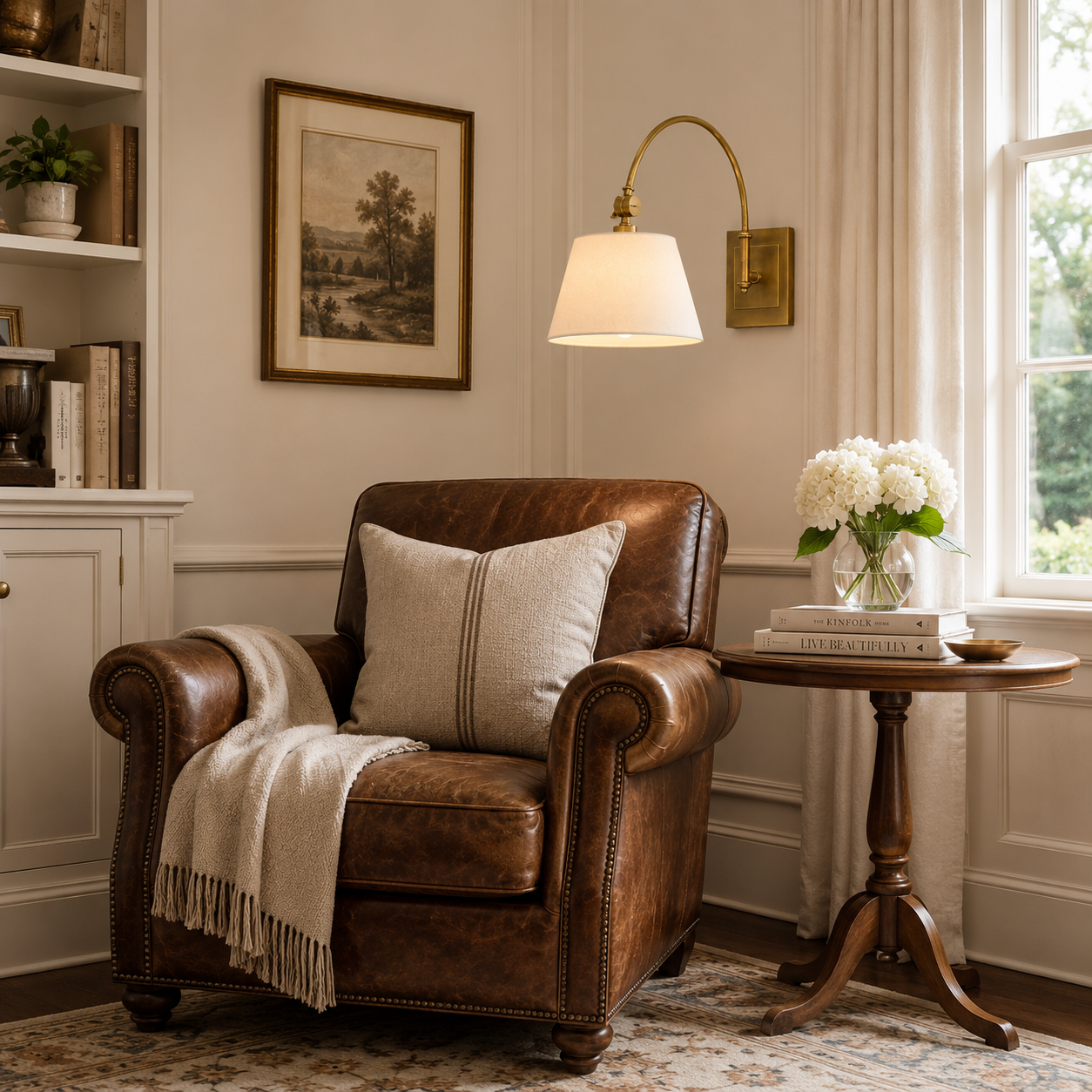 Adjustable swing arm wall light on wall above a leather chair in a traditional sitting room. 