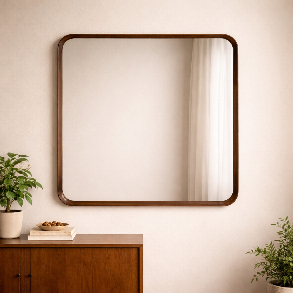 Square mid-century style mirror with walnut wooden frame on a wall with plants and a cabinet below.