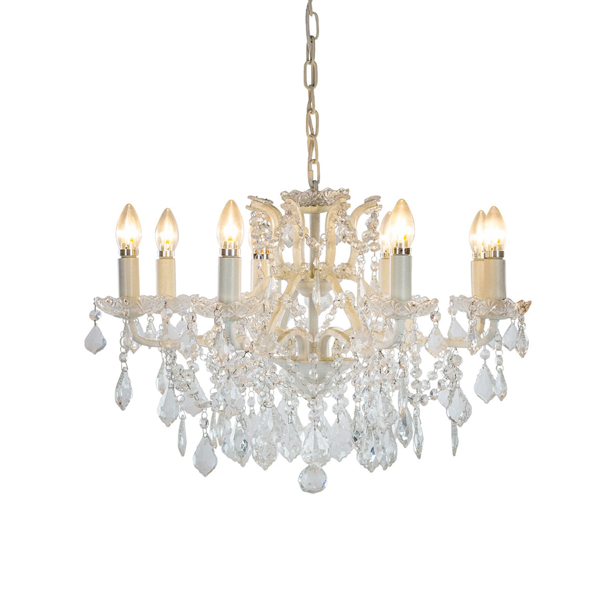 White shallow 8-arm crystal chandelier with faceted crystal droplets.