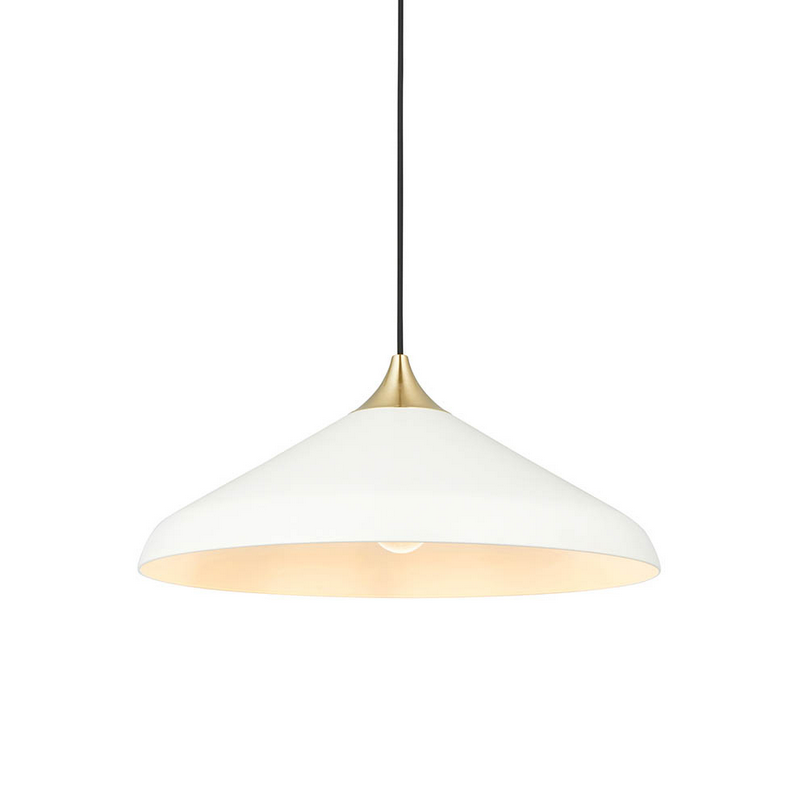 A wide, softly curved white dome pendant with warm brass detailing and a slim black suspension rod.