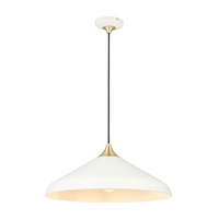 A wide, softly curved white dome pendant with warm brass detailing and a slim black suspension rod.