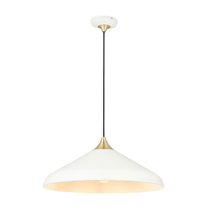 A wide, softly curved white dome pendant with warm brass detailing and a slim black suspension rod.